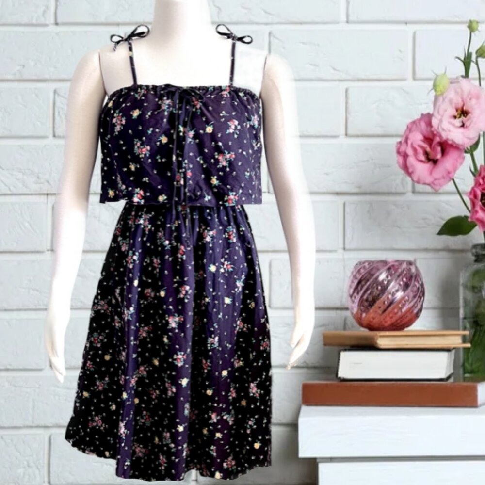 Vintage 1970's Shoulder Tie Black Floral Print Cotton Sundress EUC